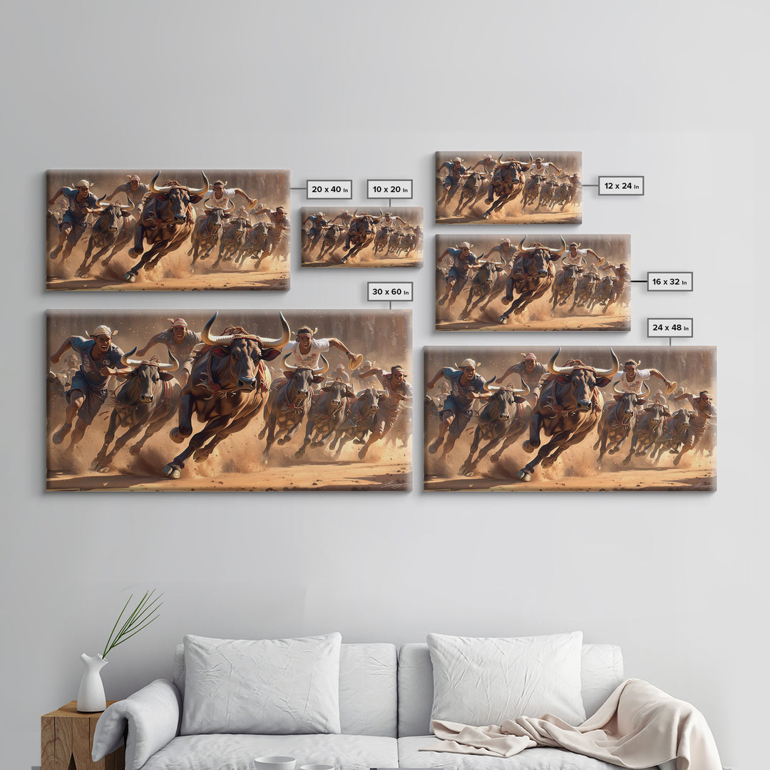 Charging African Bulls Framed Canvas Print, Runners And Dusty Arena, Bold Safari Action Wall Decor, Cultural Home Statement