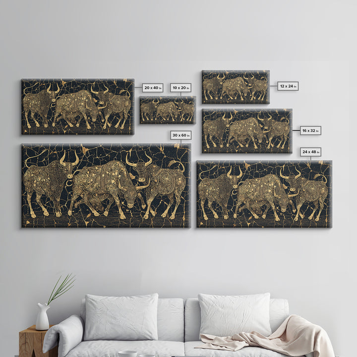 Gold Line Cattle On Black Wall Art, African Inspired Bull Illustration, Geometric Crackle Texture Decor, Luxury Canvas Print