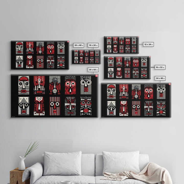 Nine Graphic Red Black And White African Masks, Wall Art, Tribal Mask Canvas, Afrocentric Decor, Bold Modern Pattern Print Set