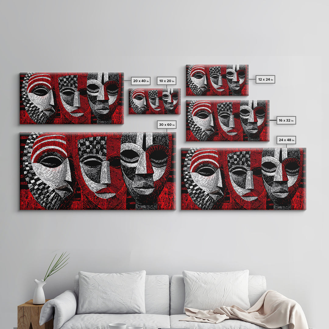 Three Red Black And White African Masks, Canvas Print, Tribal Mask Art, Abstract African Art Decor, Statement Wall Decor Gift