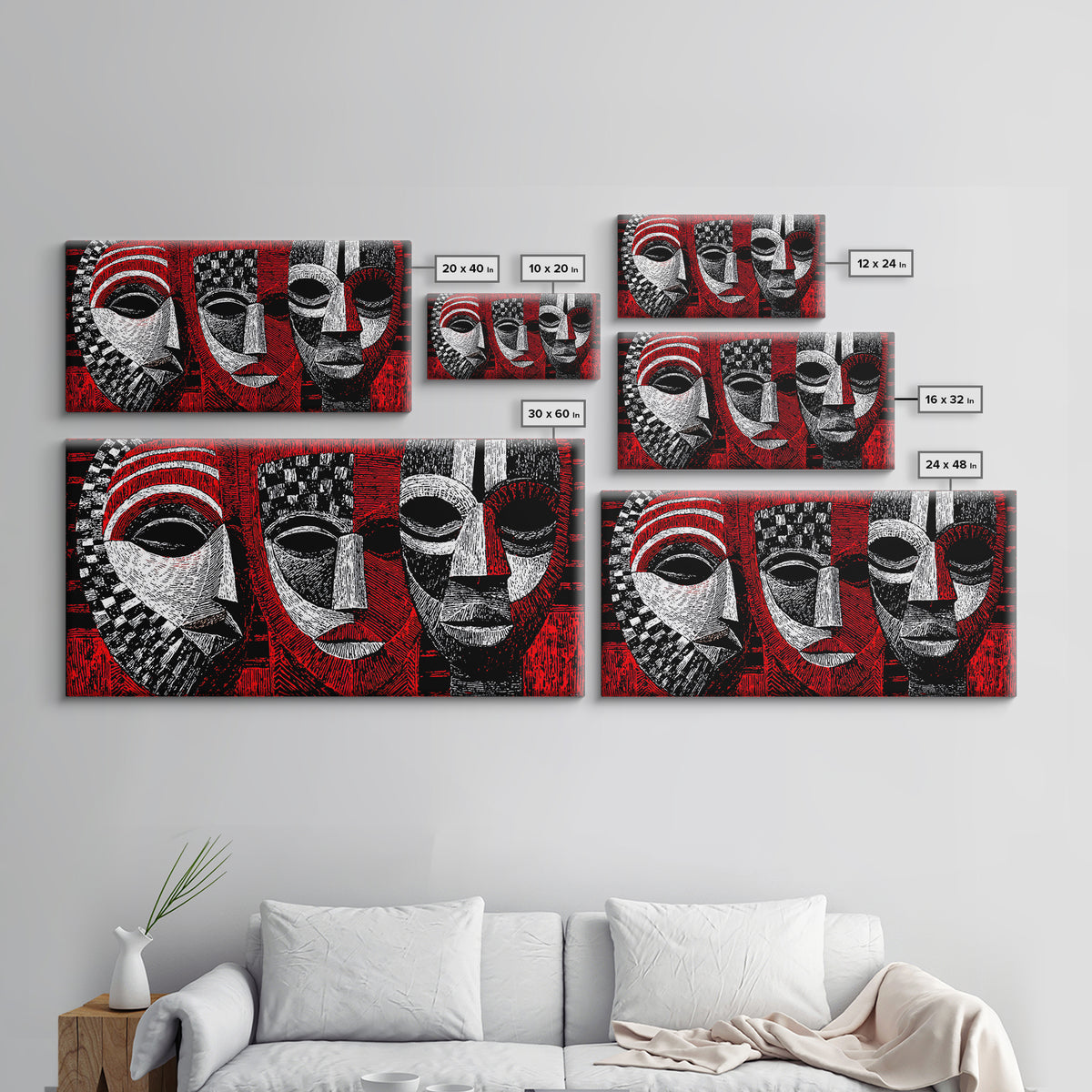 Three Red Black And White African Masks, Canvas Print, Tribal Mask Art, Abstract African Art Decor, Statement Wall Decor Gift