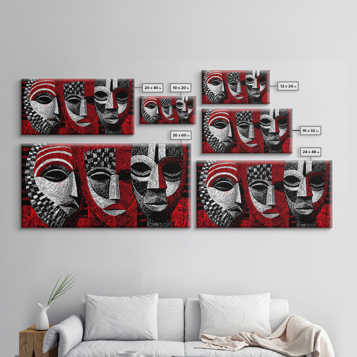 Three Red Black And White African Masks, Canvas Print, Tribal Mask Art, Abstract African Art Decor, Statement Wall Decor Gift