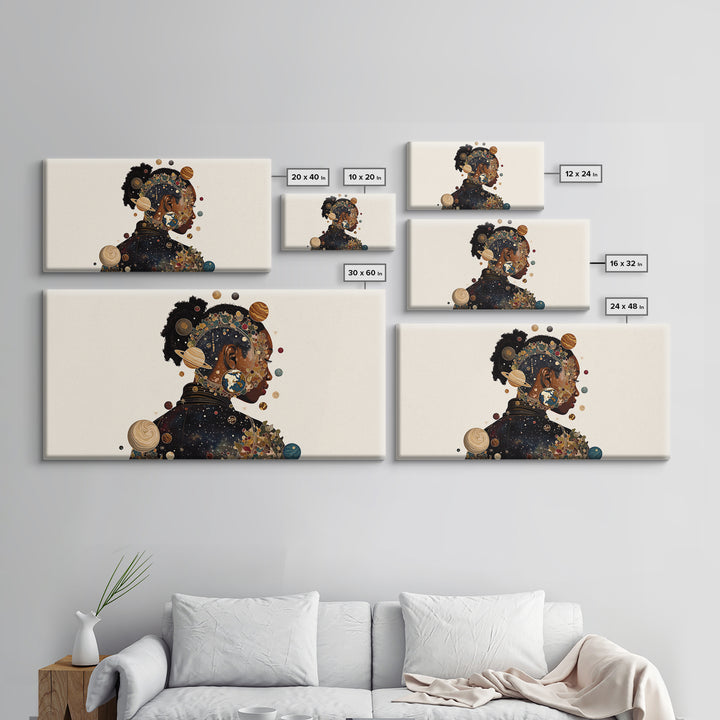 Cosmic Black Woman Profile With Planets, African American Art Framed Canvas Print, Afrocentric Wall Decor, Melanin Gift For Her