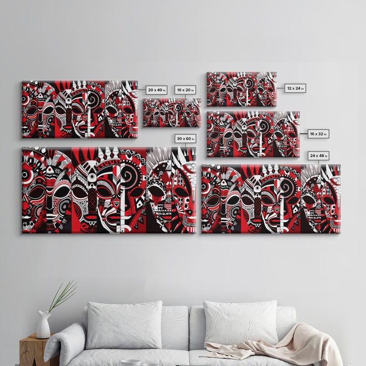 Overlapping Red Tribal Masks In Bold Pattern, African Mask Wall Art, Afrocentric Decor, Contemporary Canvas Print, Home Decor Gift