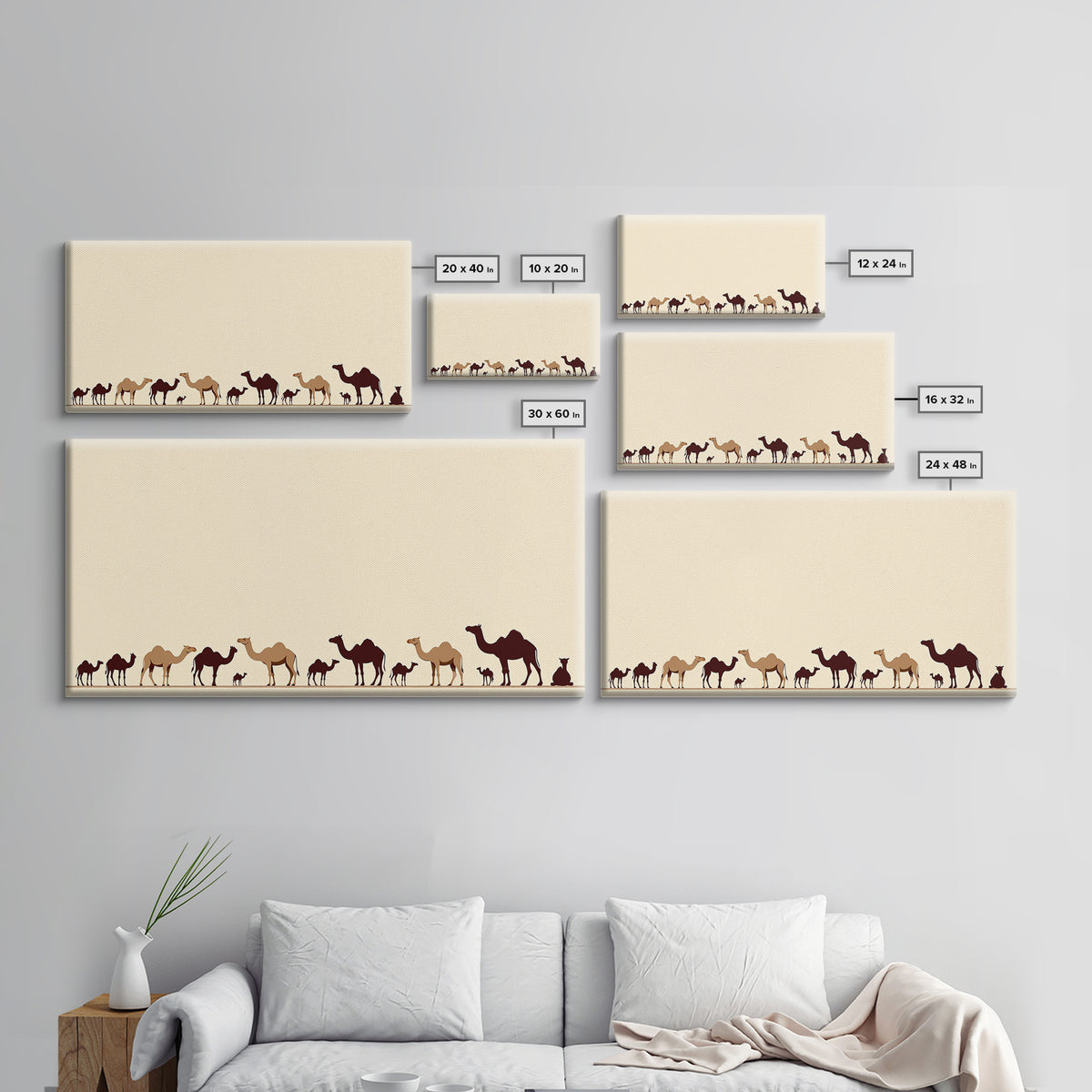 Minimalist Camel Caravan Silhouettes, African Safari Art Canvas Print, Desert Wall Art, Neutral Boho Living Room Decor Gift