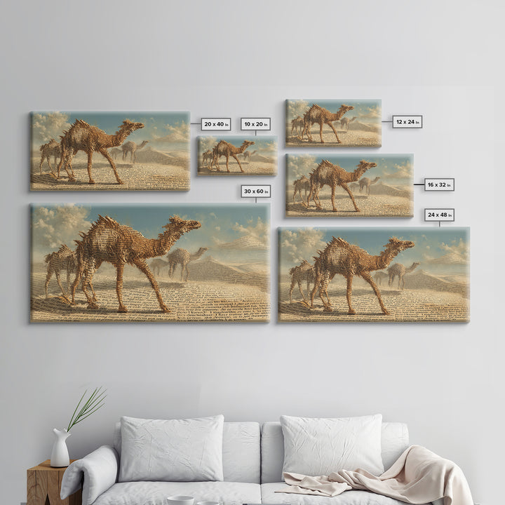 Desert Camel Caravan In Script Texture Canvas Print, African Safari Art, Earth Tone Wall Decor, Boho Living Room Art Gift