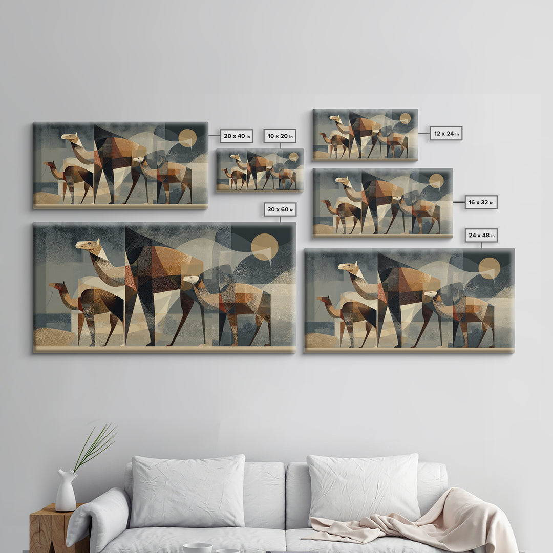 Geometric Camel Family In Desert Framed Canvas Print, Abstract African Art, Modern Safari Wall Decor, Earth Tone Home Decor