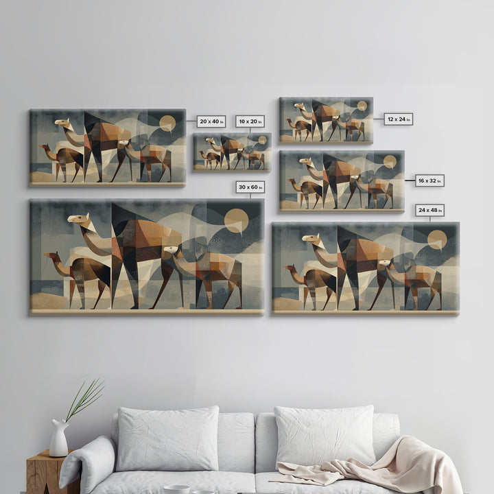 Geometric Camel Family In Desert Framed Canvas Print, Abstract African Art, Modern Safari Wall Decor, Earth Tone Home Decor