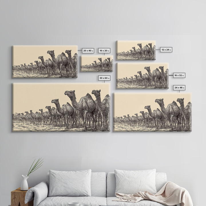 Ink Sketch Camel Herd Across Desert Wall Art, African Safari Art Print, Black And White Tribal Decor, Camel Artwork For Living Room