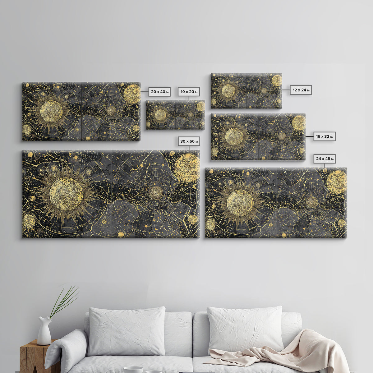 Gold Sun Moon Constellation Map Canvas Print, Celestial African Inspired Wall Art, Black And Gold Spiritual Home Decor Gift