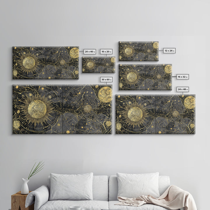 Gold Sun Moon Constellation Map Canvas Print, Celestial African Inspired Wall Art, Black And Gold Spiritual Home Decor Gift