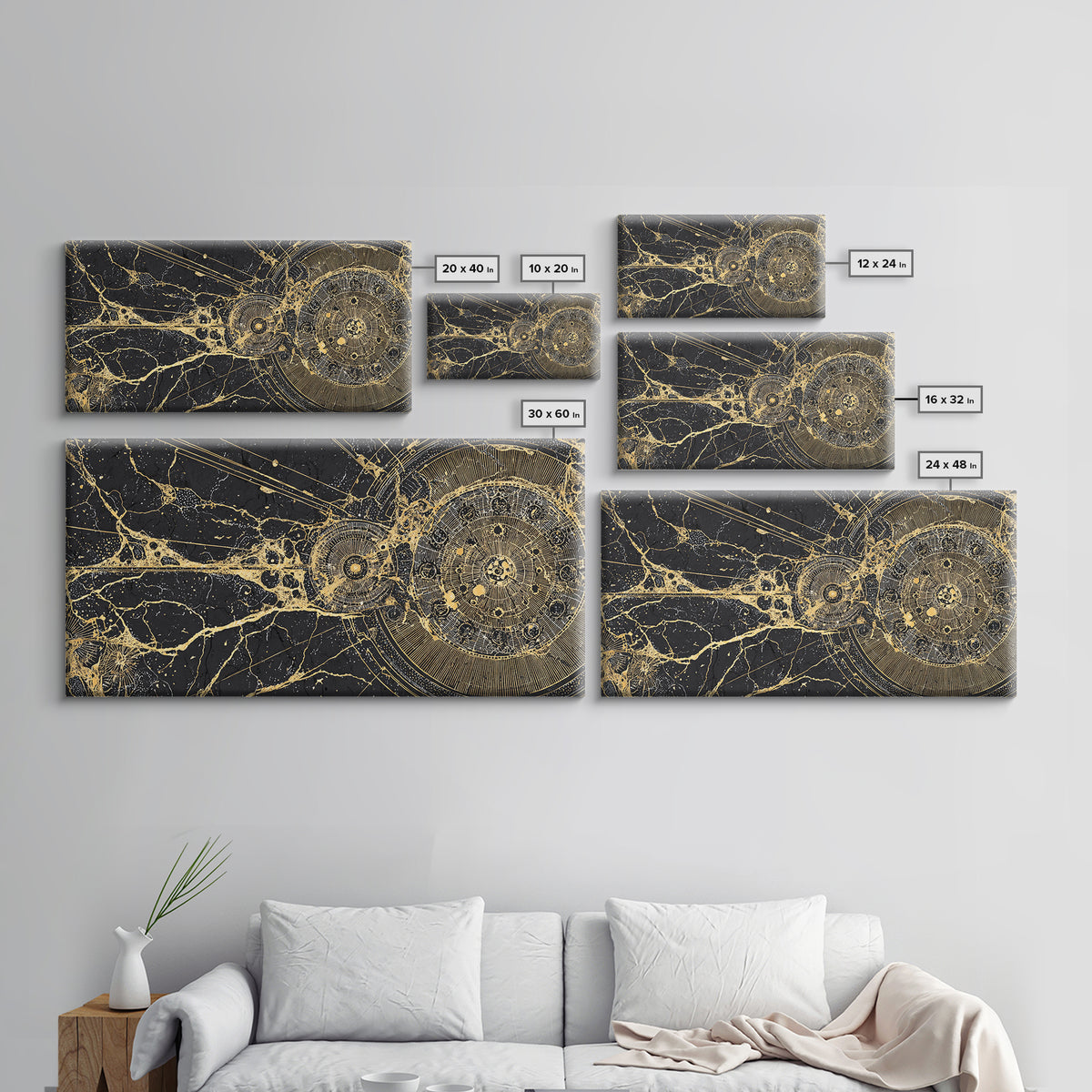 Golden Cosmic Web And Solar Orbit Framed Canvas Print, Abstract Wall Art, Black And Gold Decor, Mystical Astronomy Artwork
