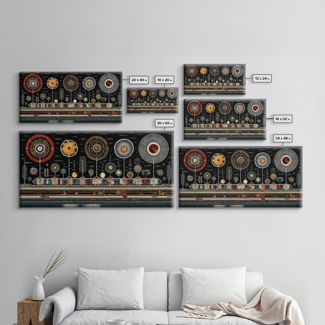 Geometric Tribal Circles And Celestial Symbols Canvas Print, African Patterns, Ethnic Wall Decor, Modern Boho Wall Art Gift