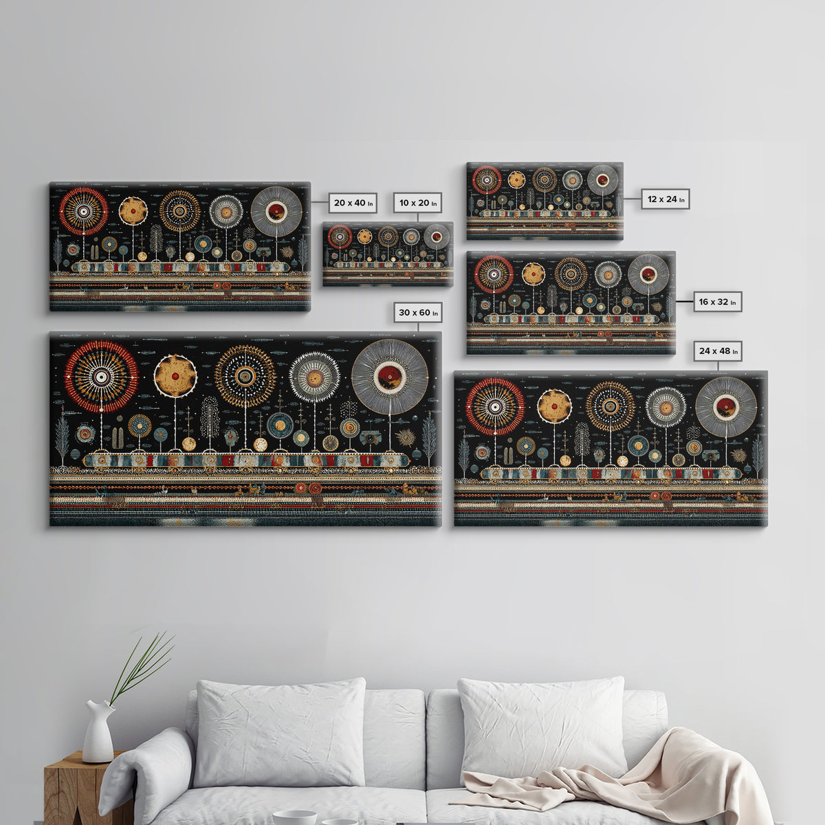 Geometric Tribal Circles And Celestial Symbols Canvas Print, African Patterns, Ethnic Wall Decor, Modern Boho Wall Art Gift