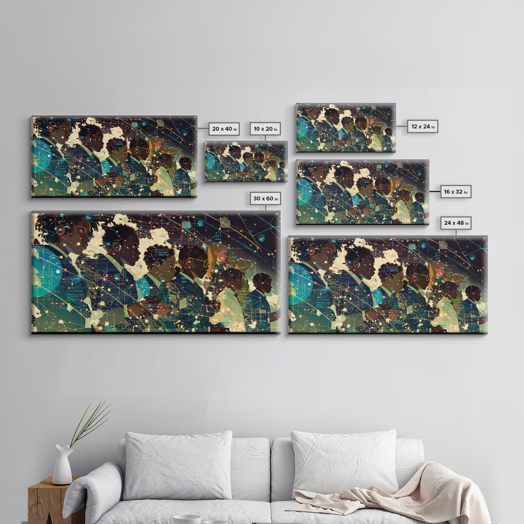 Afrofuturist African Students In Digital Network Canvas Print, Black Girl Art, Modern Black Art, Office Decor, Digital Wall Art
