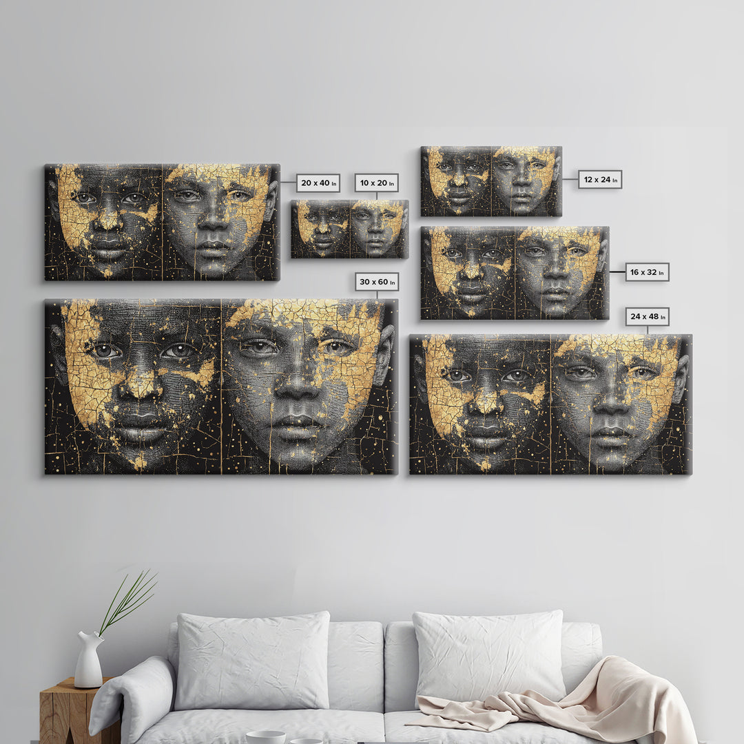 Black Gold African Portrait Diptych Wall Art, Afrocentric Abstract Face Art, Modern Black Culture Decor, Luxury Canvas Print