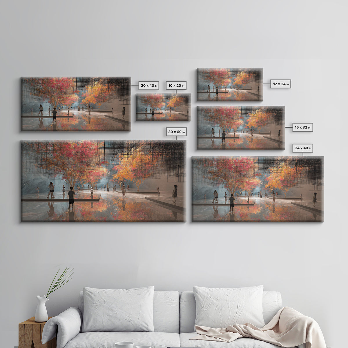 Futuristic Autumn Indoor Park Wall Art, Children In Reflective Gallery, Dreamy Modern Nature Scene, Large Decor Canvas Print