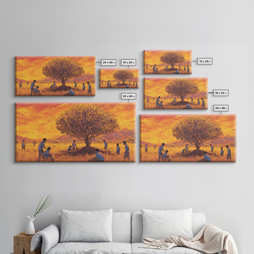 Golden Savanna Tree Framed Canvas Print, African Children Landscape, Sunset Safari Art, Warm Cultural Wall Decor Gift Print