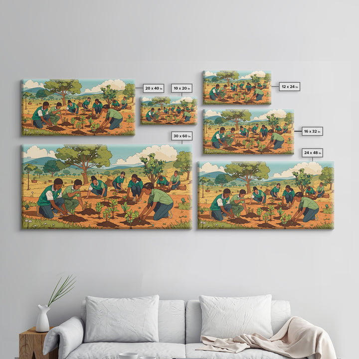 Students Planting Saplings Canvas Print, African Safari Landscape, Youth Garden Artwork, Green Nature Wall Decor Gift For Kids