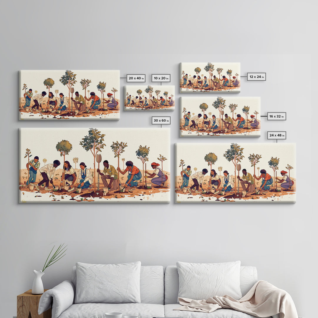 Tree Planting Volunteers Wall Art, African Community Garden Scene, Boho Cultural Artwork, Earth Tone Home Decor Print Gift