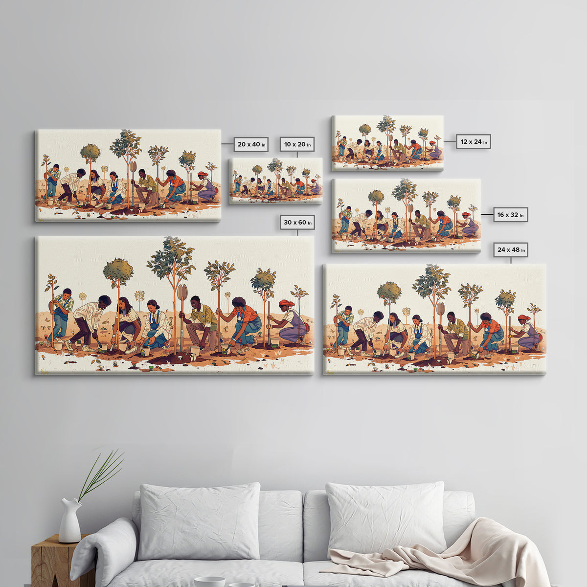 Tree Planting Volunteers Wall Art, African Community Garden Scene, Boho Cultural Artwork, Earth Tone Home Decor Print Gift