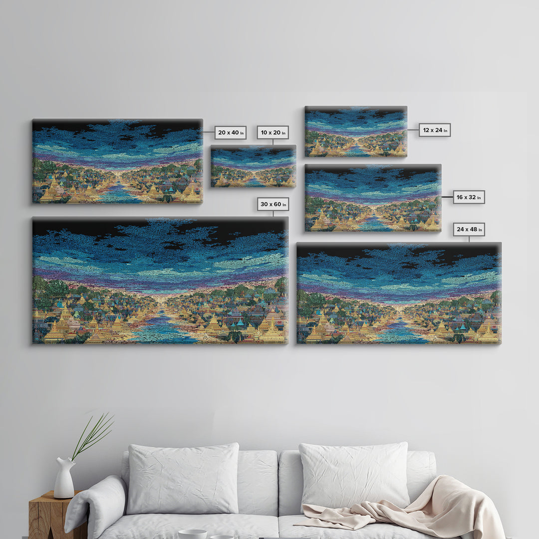 Glowing River City Skyline At Twilight Wall Art, African Inspired Landscape, Luxury Canvas Decor, Living Room Statement Gift