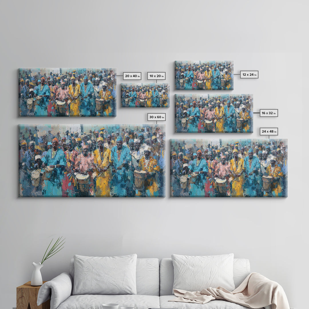 Vibrant African Drumming Procession Framed Canvas Print, Cultural Celebration Wall Decor, Afrocentric Home Decor Gift Art