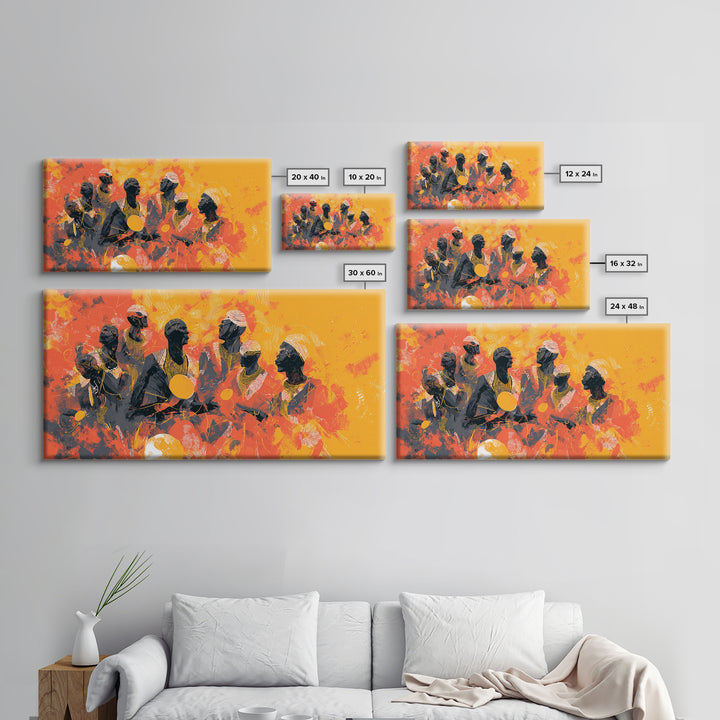 Orange African Drummers Wall Art, Tribal Music Painting, African Women Art, Afrocentric Decor, Cultural Home Decor Canvas Print