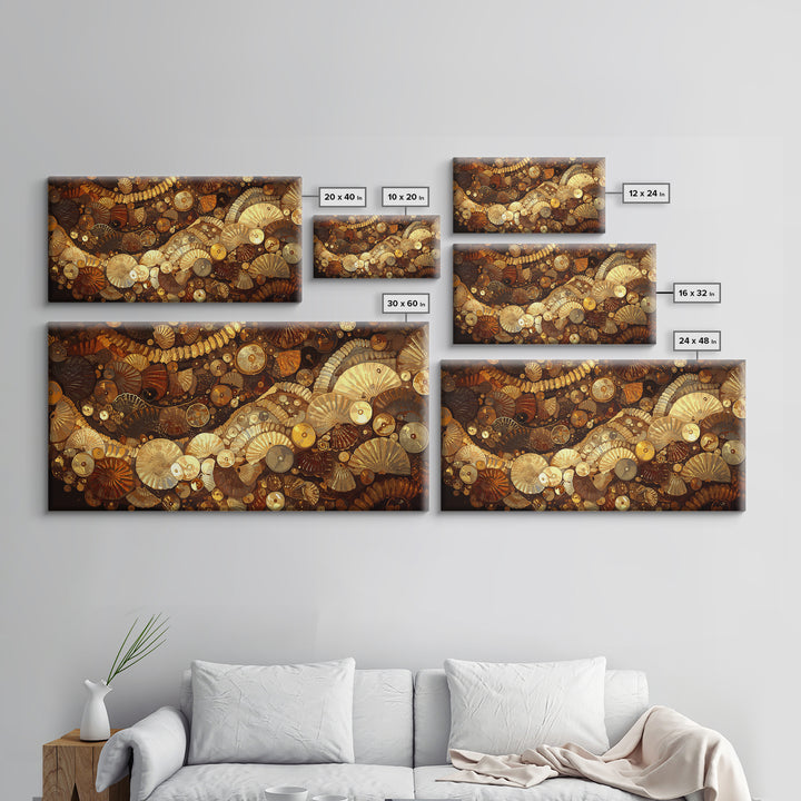 Gold Brown Shell Mosaic Wall Art, Abstract African Patterns, Luxury Art Home Decor, Earth Tone Bohemian Framed Canvas Print