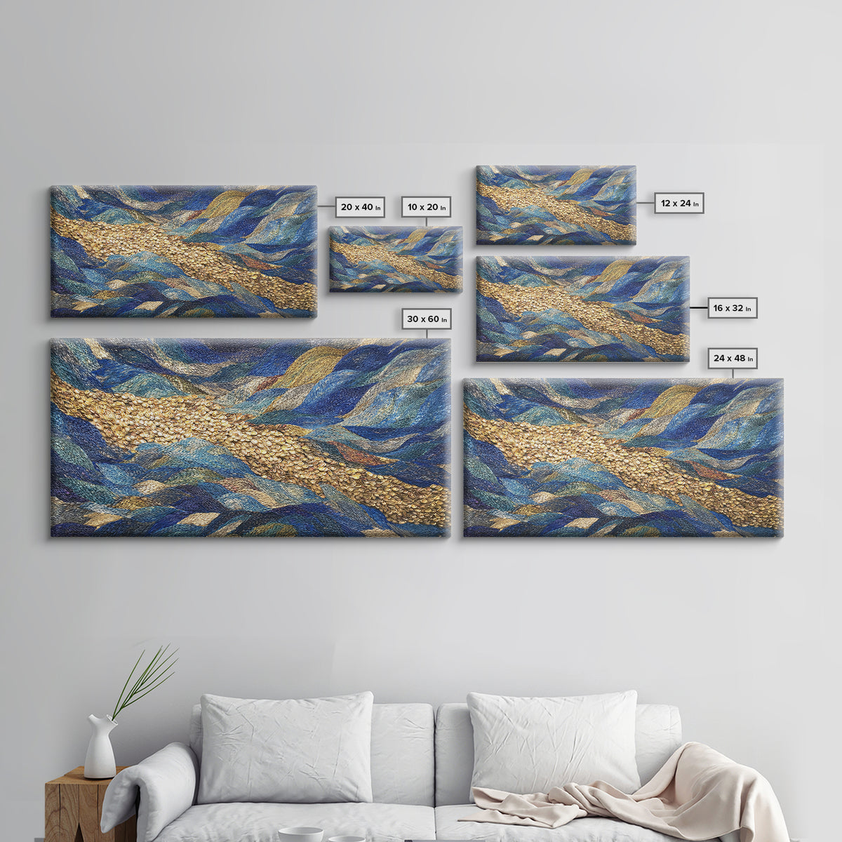 Blue Gold River Mosaic Wall Art, African Landscape, Textured Art Print, Coastal Abstract Decor, Modern Large Canvas Print