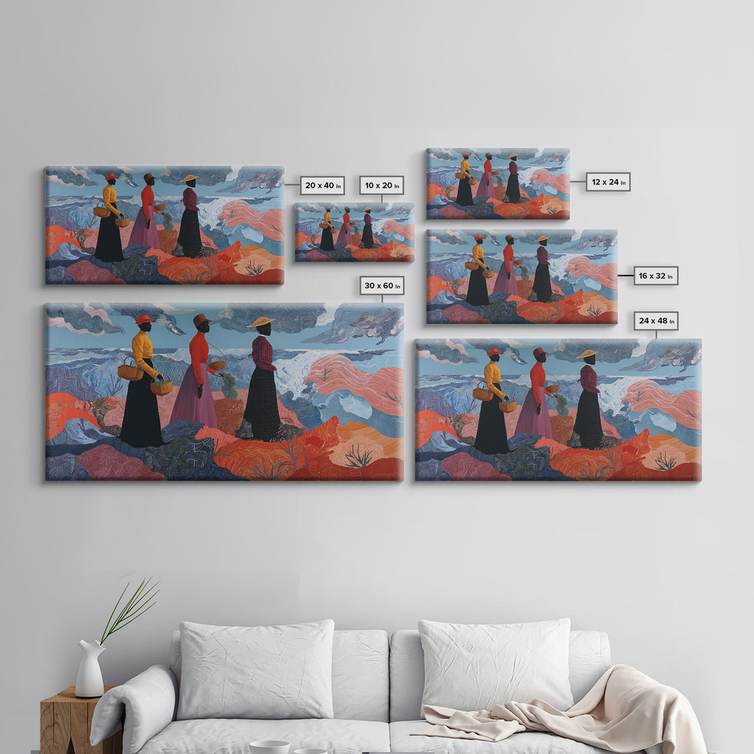 Three African Women By Stormy Sea Wall Art, Coastal Figurative Painting, Afrocentric Decor, Black Culture Art Print, Home Decor