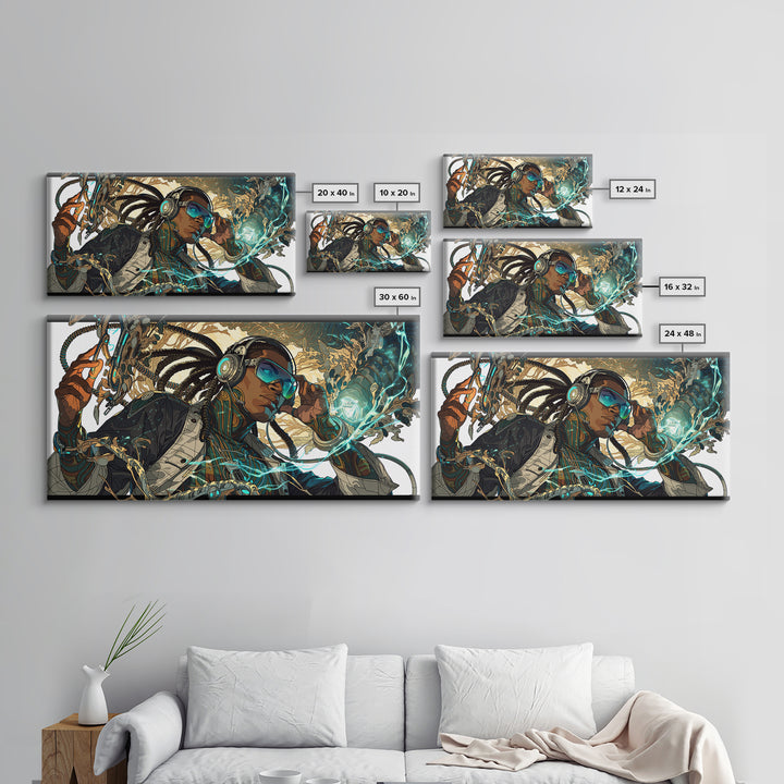 Afrofuturist Black Woman With Headphones Framed Canvas Print, Sci Fi Portrait, Afrocentric Wall Art, Digital Art Decor Gift
