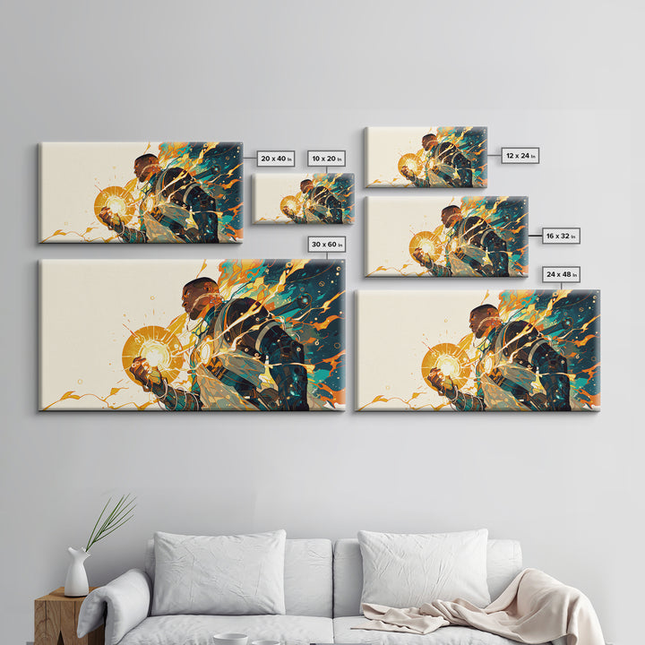 Black Futuristic Warrior Holding Sun Canvas Print, Afrofuturism Decor, Modern African Art, Teal Orange Wall Art Gift For Him