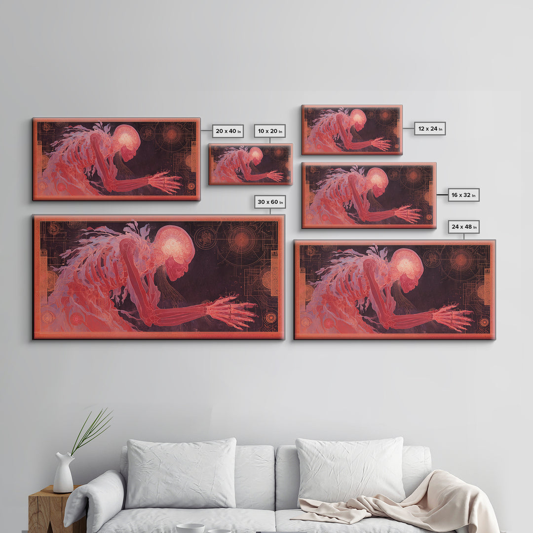 Pink Cybernetic Spirit Skeleton Framed Canvas Print, Futuristic Sci Fi Anatomy Wall Art, Mystical Afrocentric Decor Gift