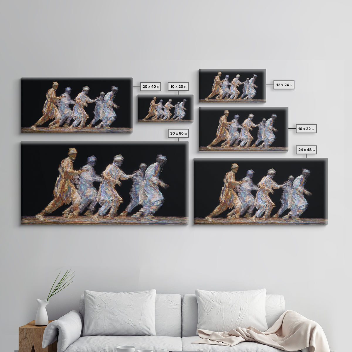 Five Glowing Figures Running On Black Canvas Print, Abstract Motion Wall Art, African Diaspora Art, Modern Home Decor Gift