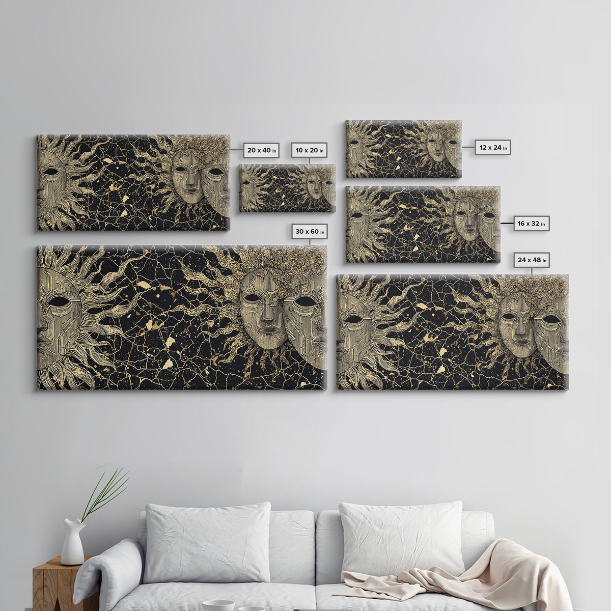 Golden African Masks On Black Abstract Wall Art, Tribal Mask Canvas Print, African Decor, Cultural Home Decor Gift, Statement Piece