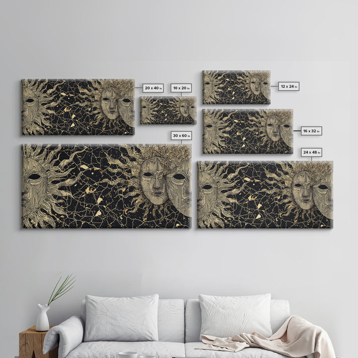 Golden African Masks On Black Abstract Wall Art, Tribal Mask Canvas Print, African Decor, Cultural Home Decor Gift, Statement Piece