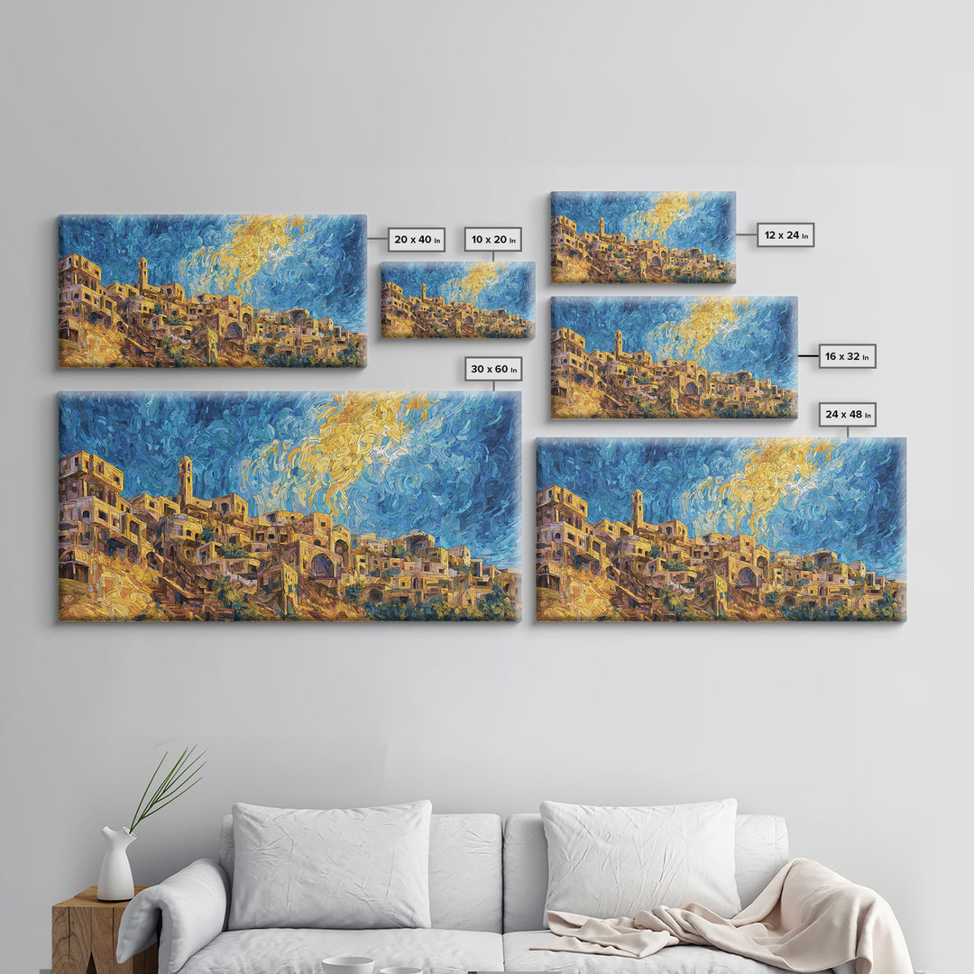 Swirling Sky Desert Village Framed Canvas Print, African Landscape Wall Art, Dreamy Blue Gold Home Decor, Unique Gift Idea
