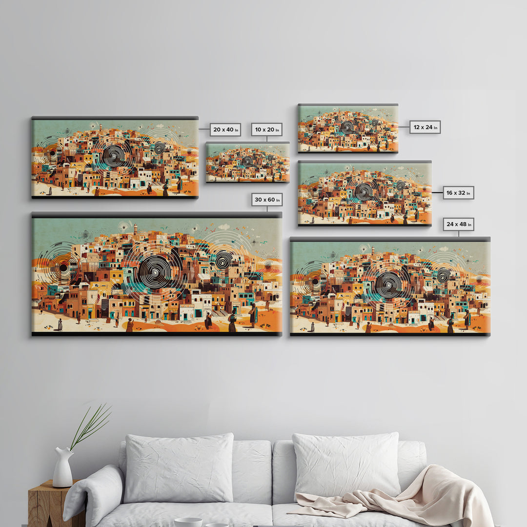 Panoramic Desert City With Circular Motifs Canvas Print, African Landscape, Modern Wall Art, Terracotta Home Decor Gift For Him