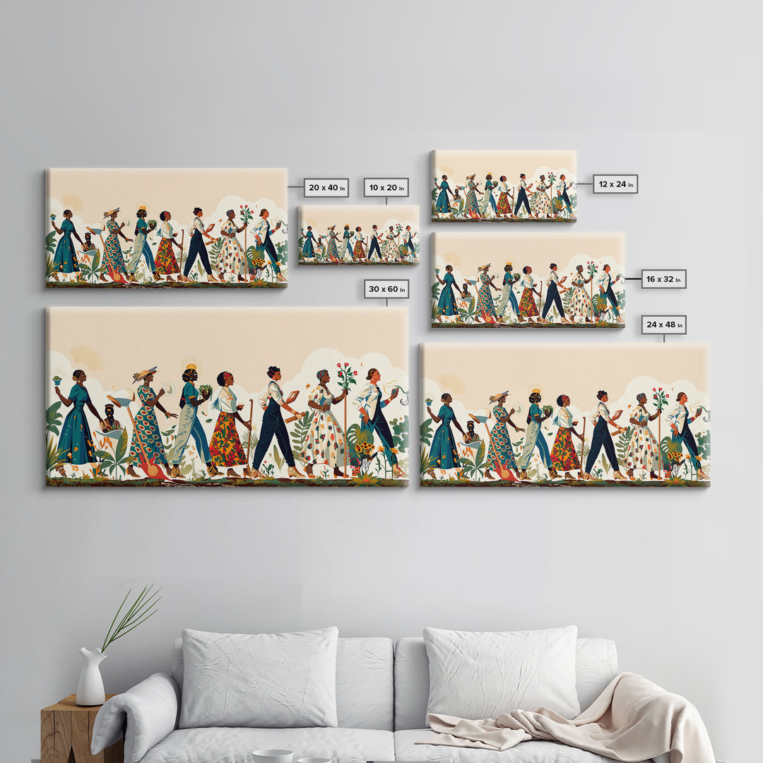 Elegant African Women Procession Wall Art, Floral Ankara Dresses, Feminine Afrocentric Decor, Black Woman Art Gift For Her