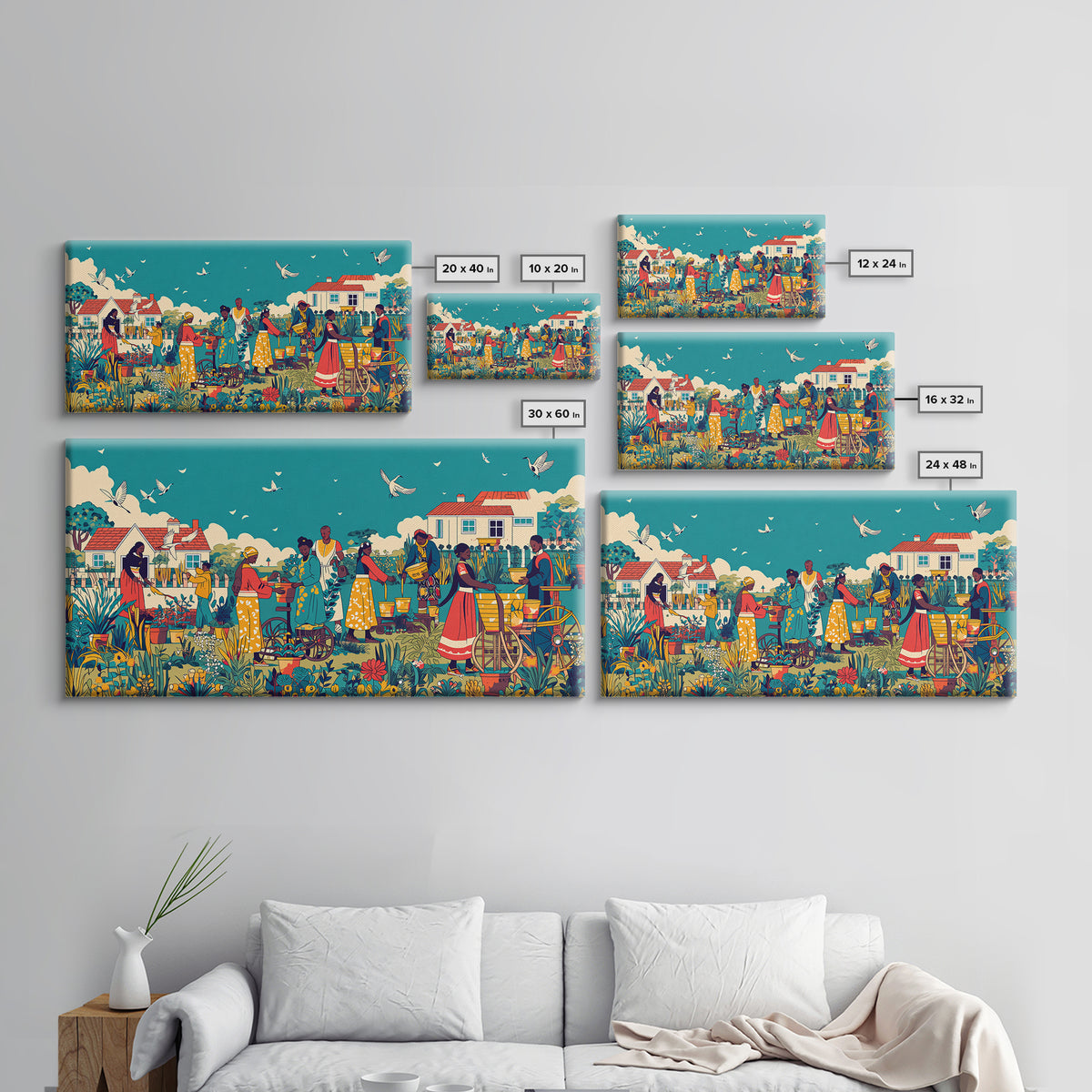 Joyful African Village Garden Canvas Print, Black Women Community Scene, Colorful Afrocentric Wall Decor, Housewarming Gift
