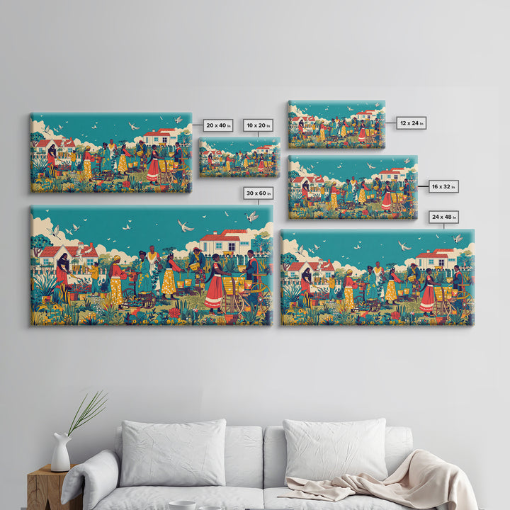 Joyful African Village Garden Canvas Print, Black Women Community Scene, Colorful Afrocentric Wall Decor, Housewarming Gift