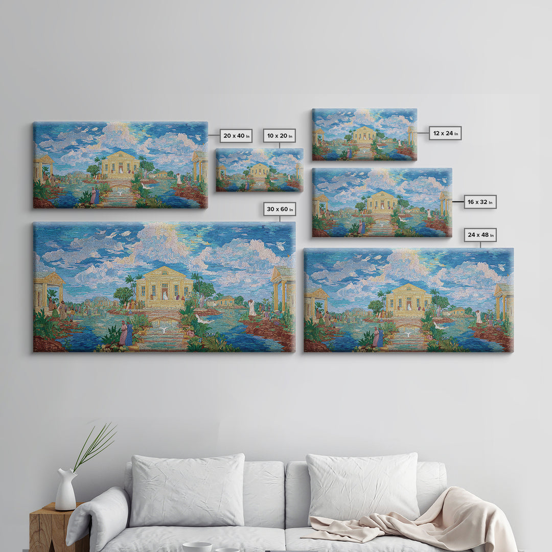 Dreamy Temple Lake Landscape Wall Art, Blue Impressionist Nature Scene, Spiritual African Inspired Decor, Elegant Home Gift