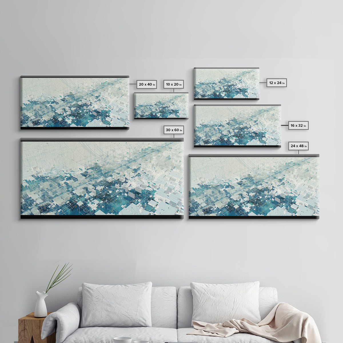 Abstract Blue City Grid Canvas Print, Minimalist Digital Landscape, Modern Wall Art, Cool Geometric Office Decor Art Gift