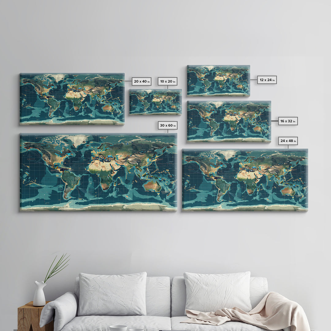 Teal Illustrated World Map Wall Art, Digital Art, Office Decor, Modern Wall Decor, Large Canvas Wall Art, Gift For Travelers