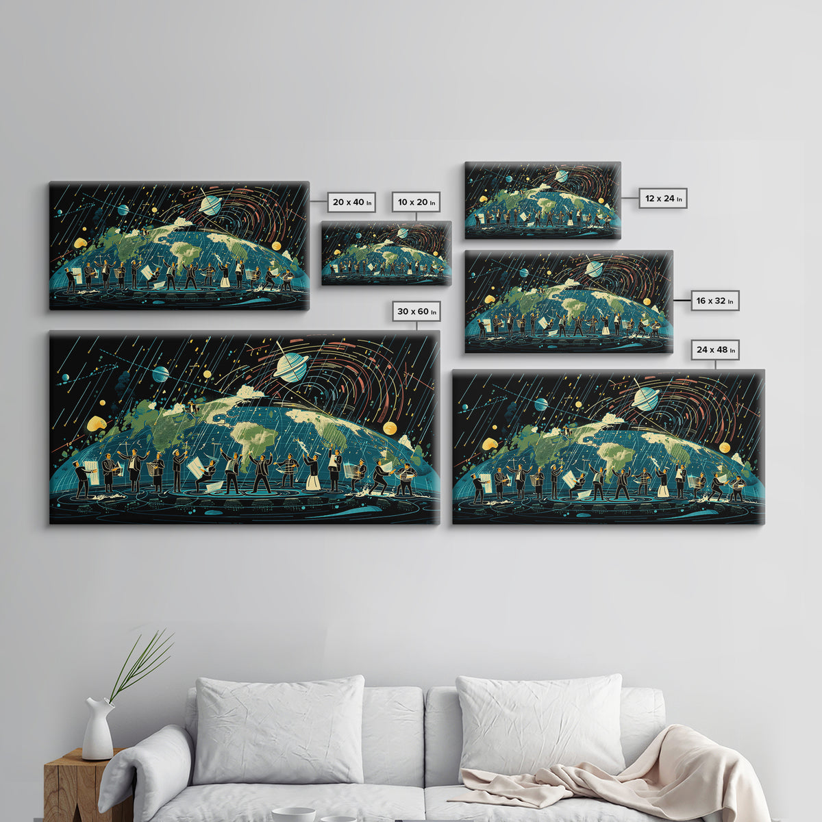 Cosmic Orchestra Over Earth Canvas Print, Digital Art, Modern Wall Art, Music Room Decor, Unique Canvas Art, Gift For Him
