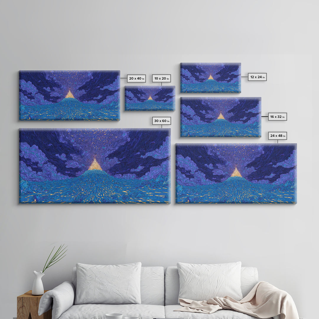 Glowing Golden Pyramid Over Blue Sea Wall Art, Mystical Wall Art, Spiritual Wall Decor, Dreamy Wall Art, Unique Home Decor