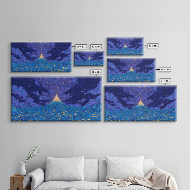 Glowing Golden Pyramid Over Blue Sea Wall Art, Mystical Wall Art, Spiritual Wall Decor, Dreamy Wall Art, Unique Home Decor