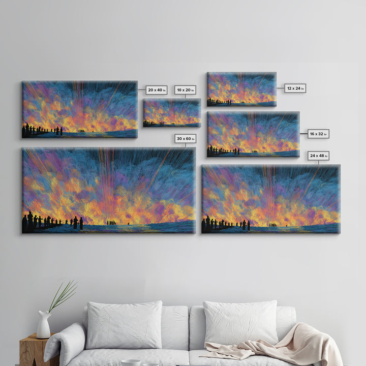 Cosmic Sunset Figures By The Sea Canvas Print, Colorful Wall Decor, Modern Abstract Art, Statement Wall Art, Unique Gift