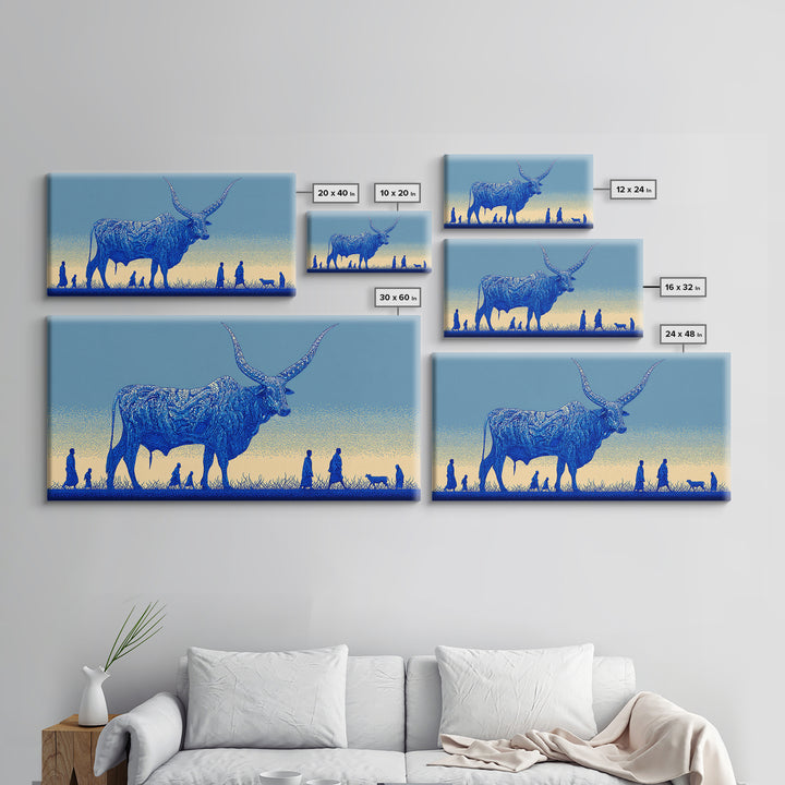 Giant Blue Longhorn Cattle Wall Art, African Animal Art Canvas Print, Safari Decor, Statement Living Room Wall Decor Gift